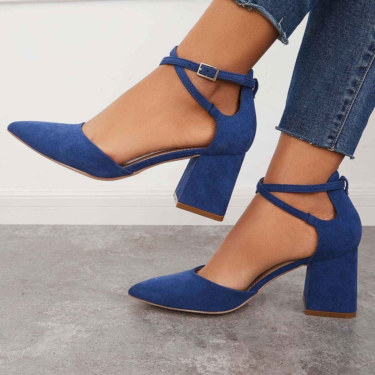 Block Chunky Low Heels Pointed Toe Ankle Strap Pumps