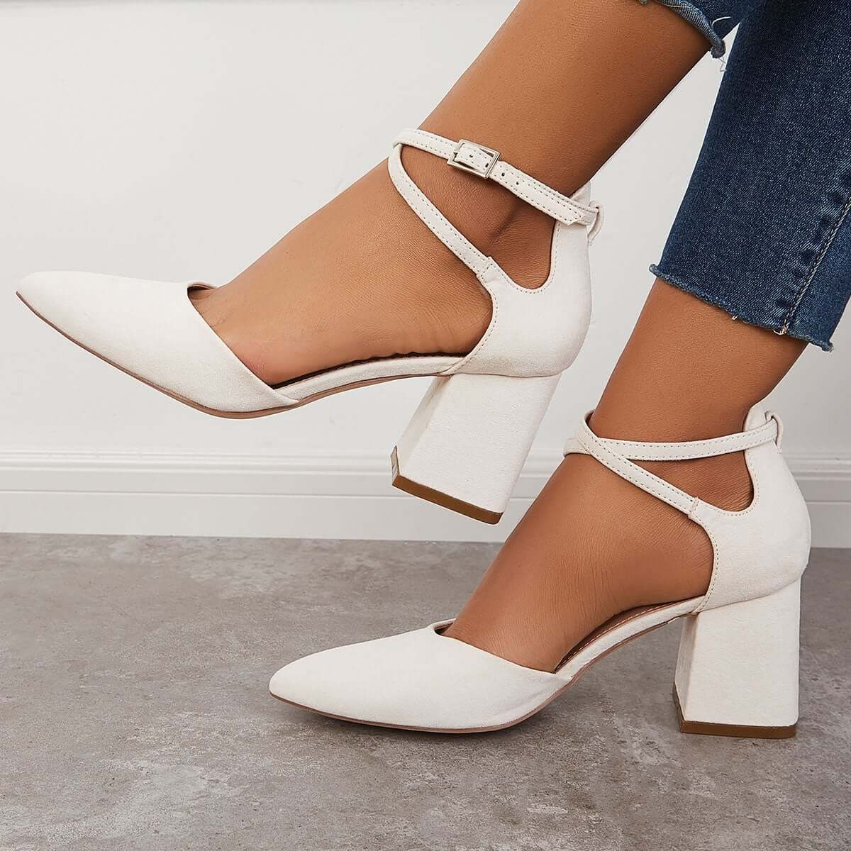 Block Chunky Low Heels Pointed Toe Ankle Strap Pumps