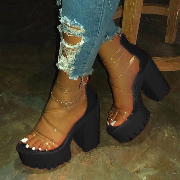 Block Lug Sole Chunky Heels Transparent Ankle Strap Sandals