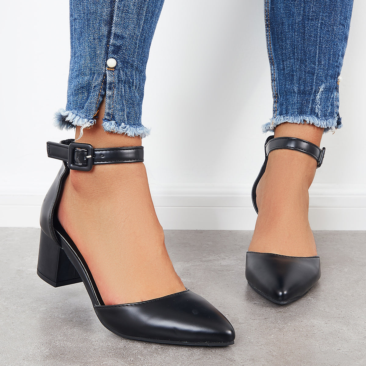 Block Low Heel Pumps Pointed Toe Ankle Buckle Strap Heels