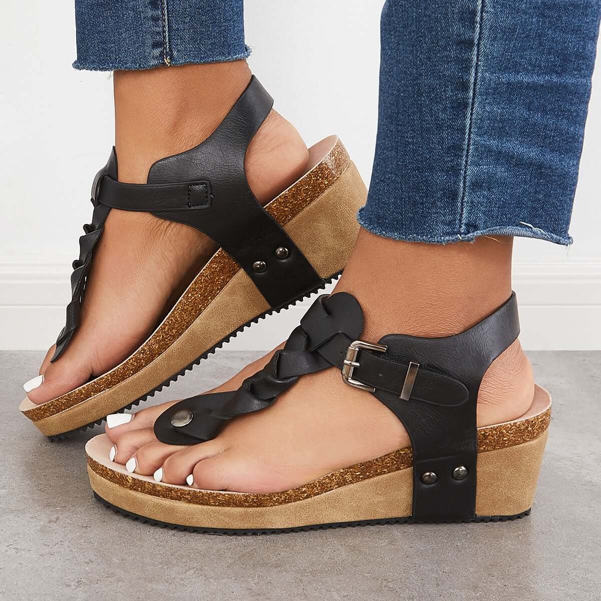 Boho Braided T-Strap Sandals Cork Platform Wedges