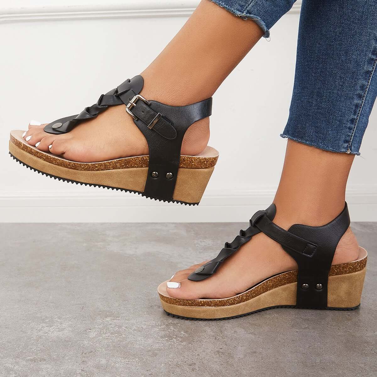 Boho Braided T-Strap Sandals Cork Platform Wedges
