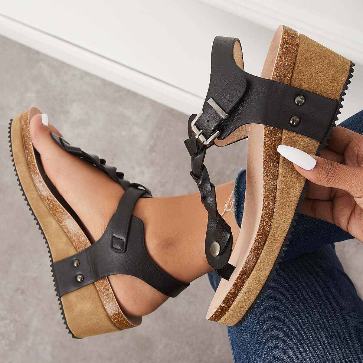 Boho Braided T-Strap Sandals Cork Platform Wedges