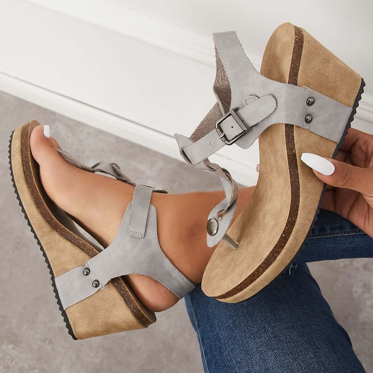 Boho Braided T-Strap Sandals Cork Platform Wedges