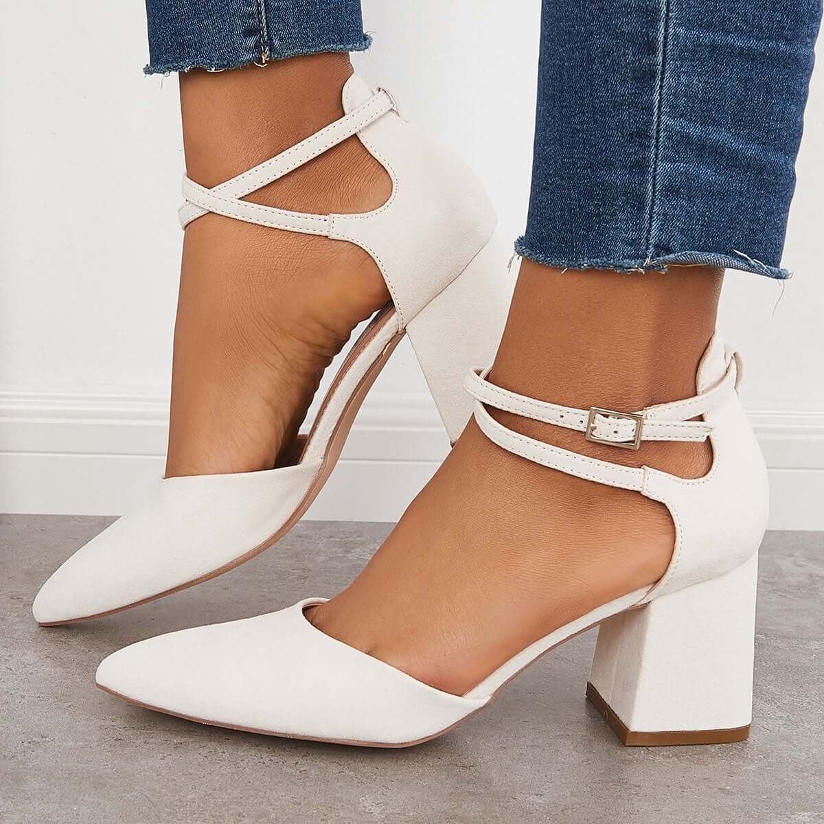 Block Chunky Low Heels Pointed Toe Ankle Strap Pumps