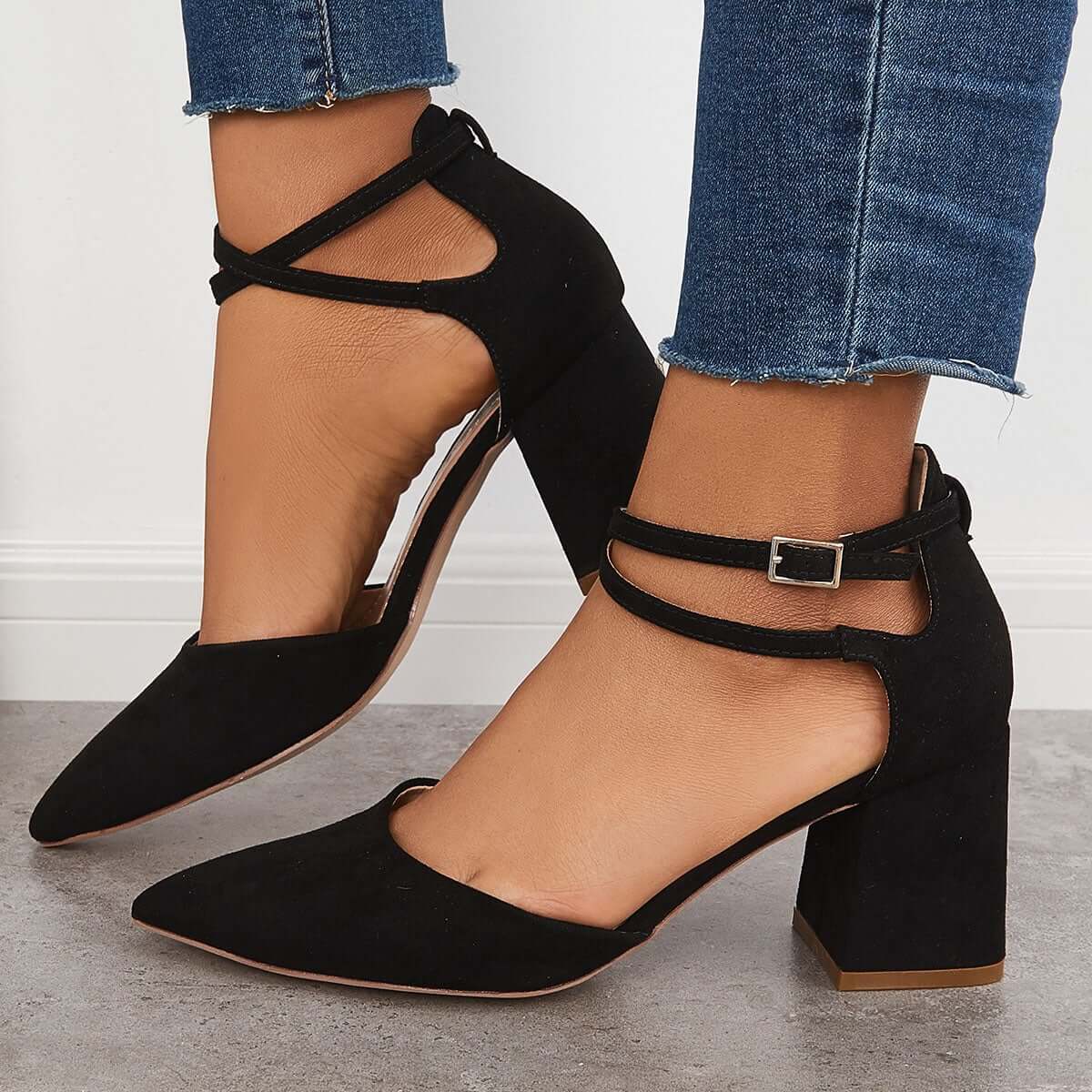 Block Chunky Low Heels Pointed Toe Ankle Strap Pumps