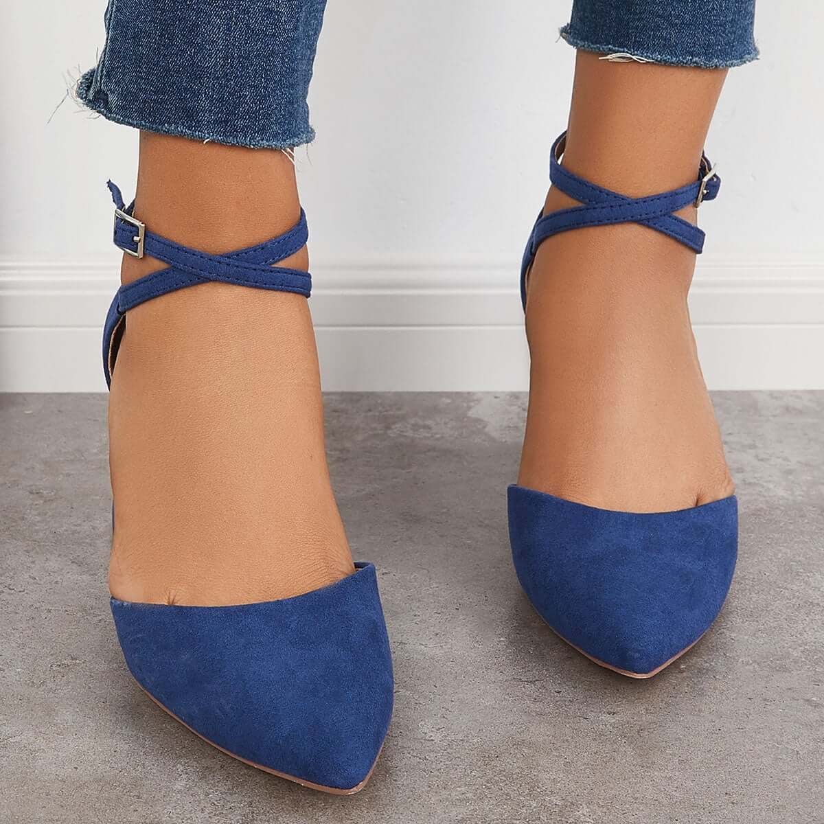 Block Chunky Low Heels Pointed Toe Ankle Strap Pumps