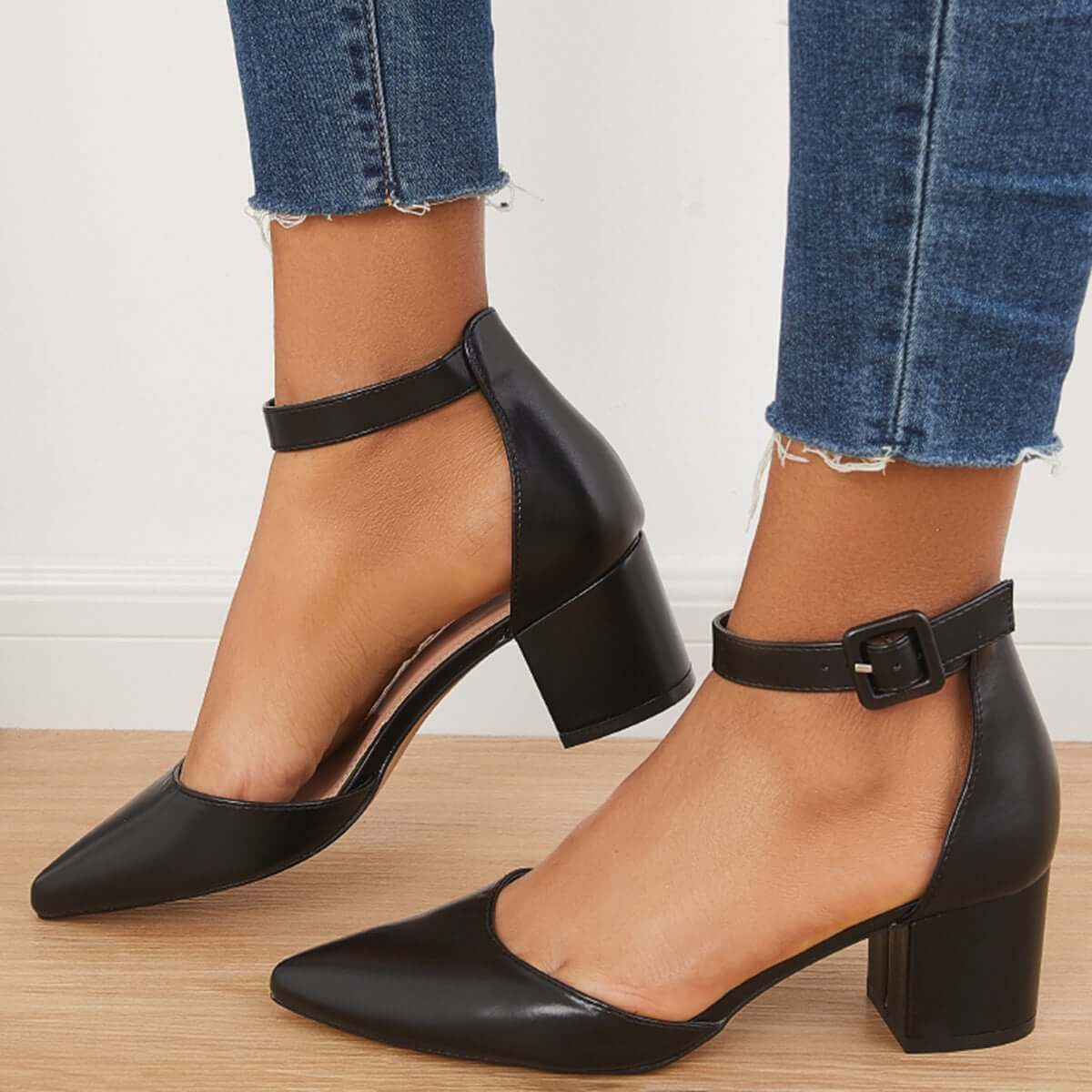 Block Low Heel Pumps Pointed Toe Ankle Buckle Strap Heels