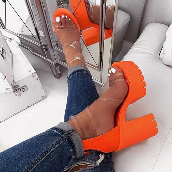 Block Lug Sole Chunky Heels Transparent Ankle Strap Sandals