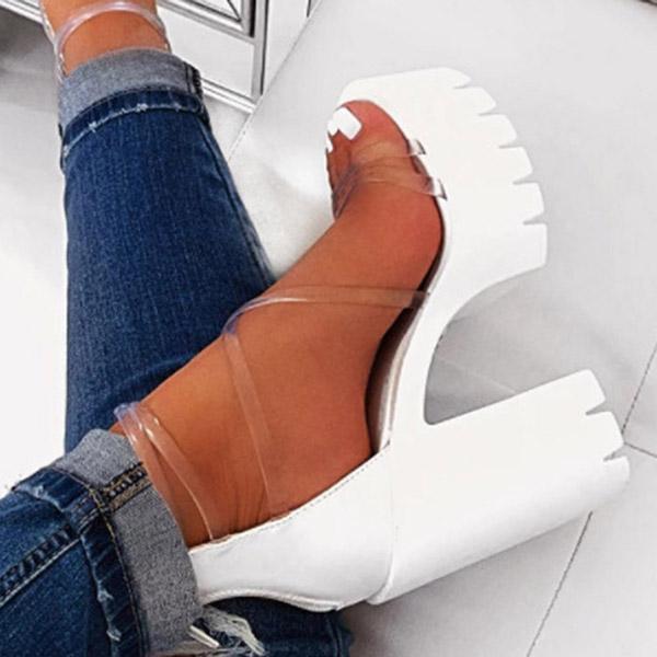 Block Lug Sole Chunky Heels Transparent Ankle Strap Sandals