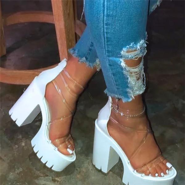 Block Lug Sole Chunky Heels Transparent Ankle Strap Sandals