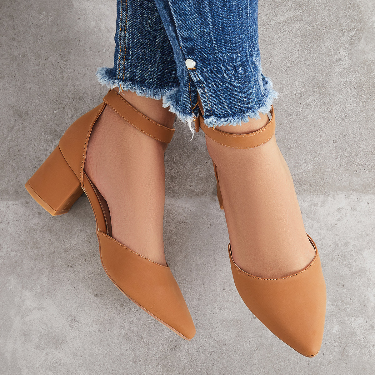 Block Low Heel Pumps Pointed Toe Ankle Buckle Strap Heels