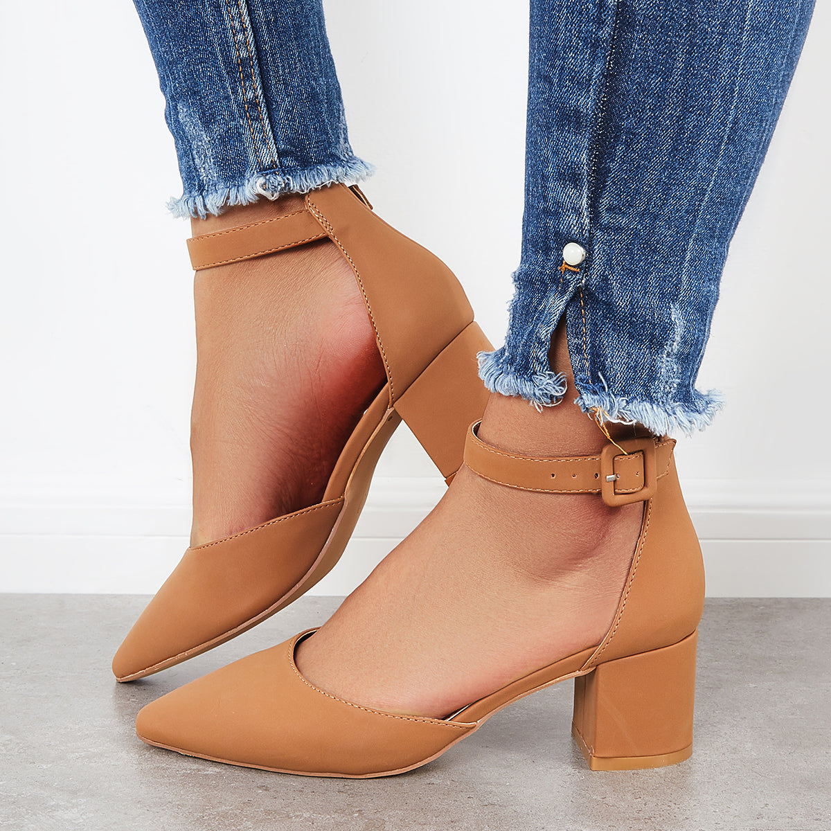 Block Low Heel Pumps Pointed Toe Ankle Buckle Strap Heels