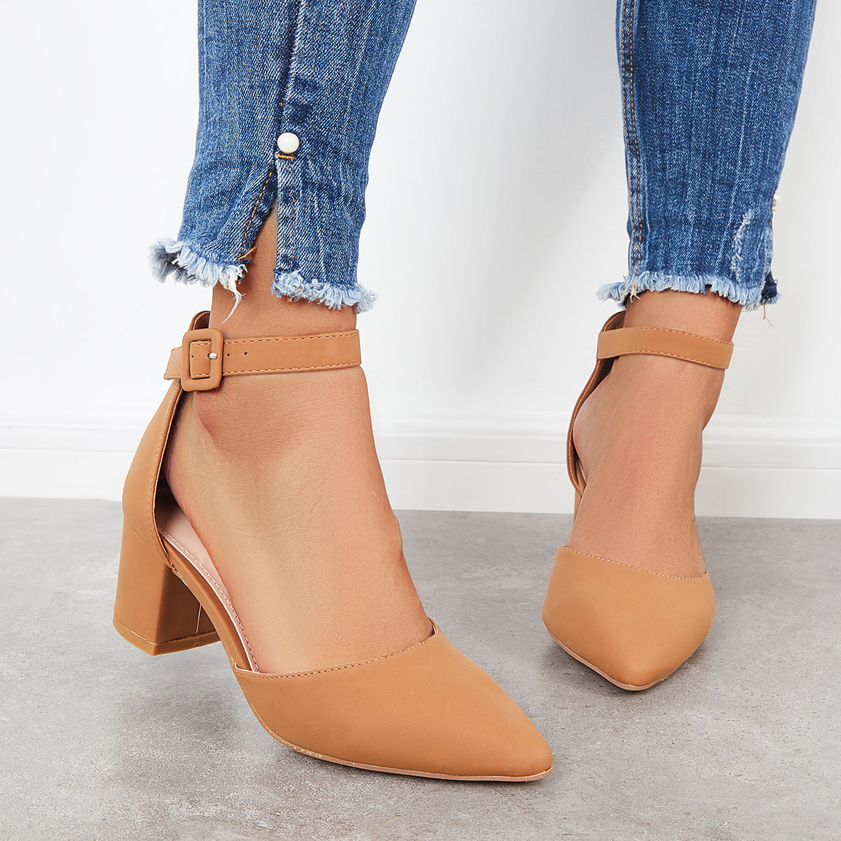 Block Low Heel Pumps Pointed Toe Ankle Buckle Strap Heels
