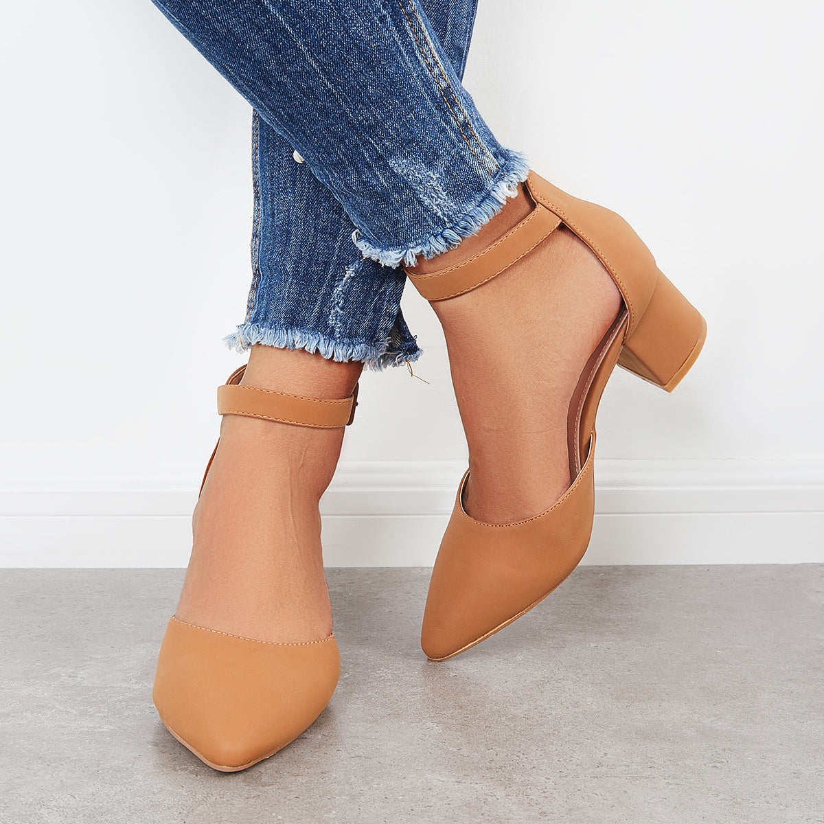 Block Low Heel Pumps Pointed Toe Ankle Buckle Strap Heels