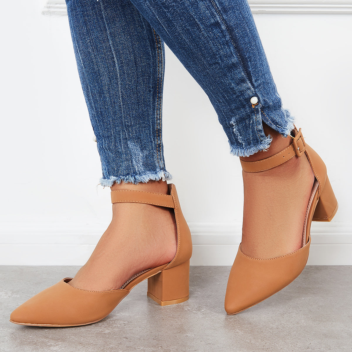 Block Low Heel Pumps Pointed Toe Ankle Buckle Strap Heels