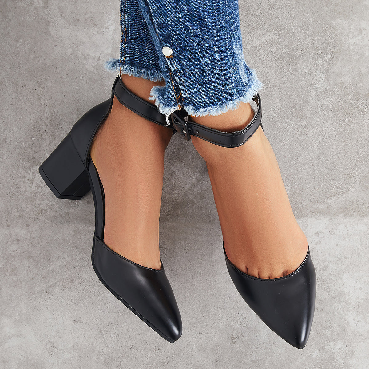 Block Low Heel Pumps Pointed Toe Ankle Buckle Strap Heels