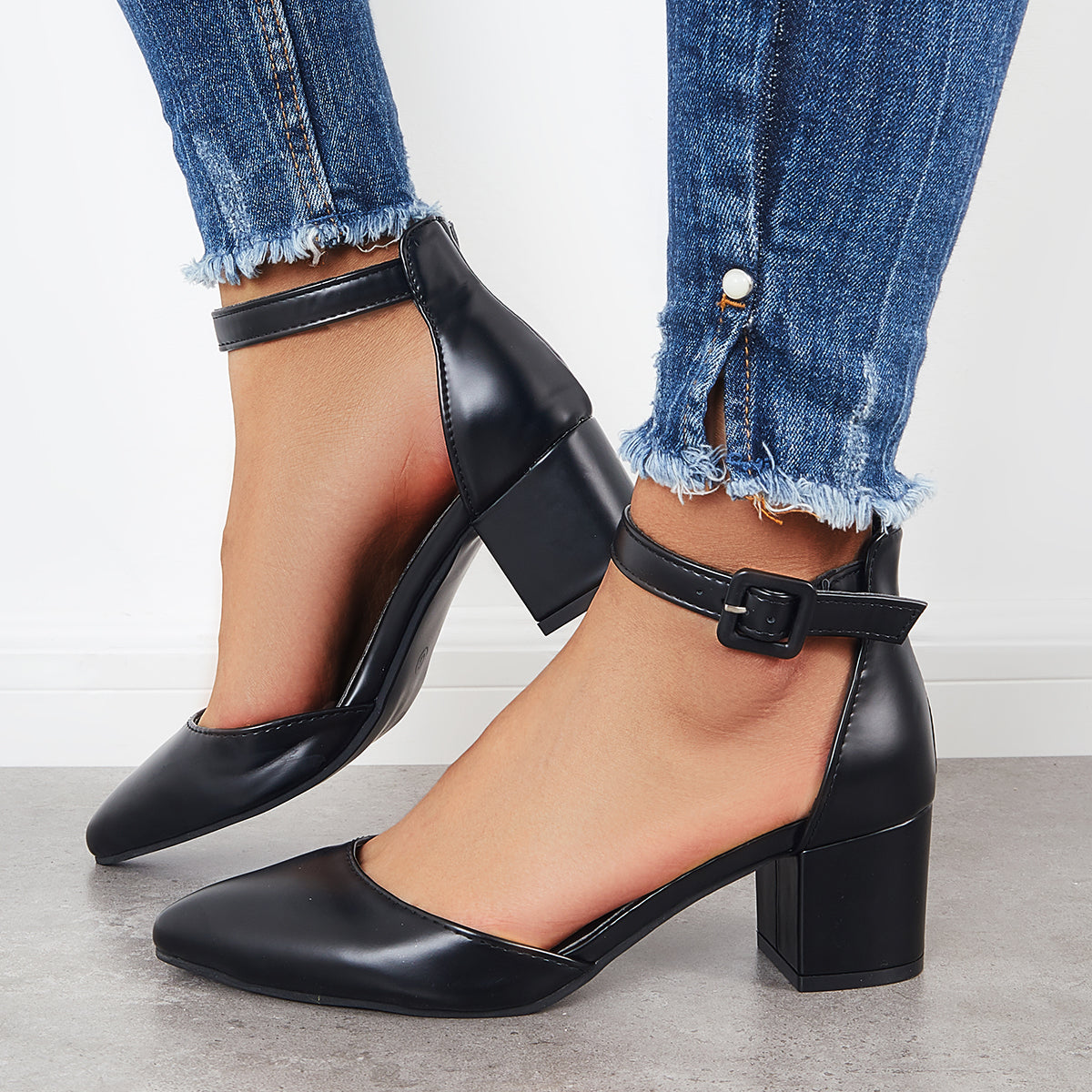 Block Low Heel Pumps Pointed Toe Ankle Buckle Strap Heels