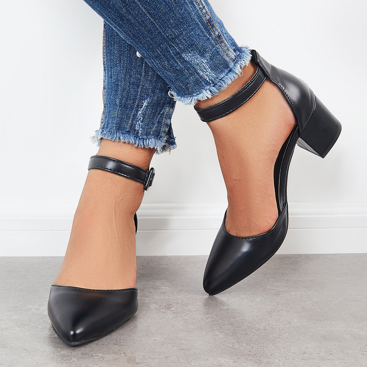 Block Low Heel Pumps Pointed Toe Ankle Buckle Strap Heels