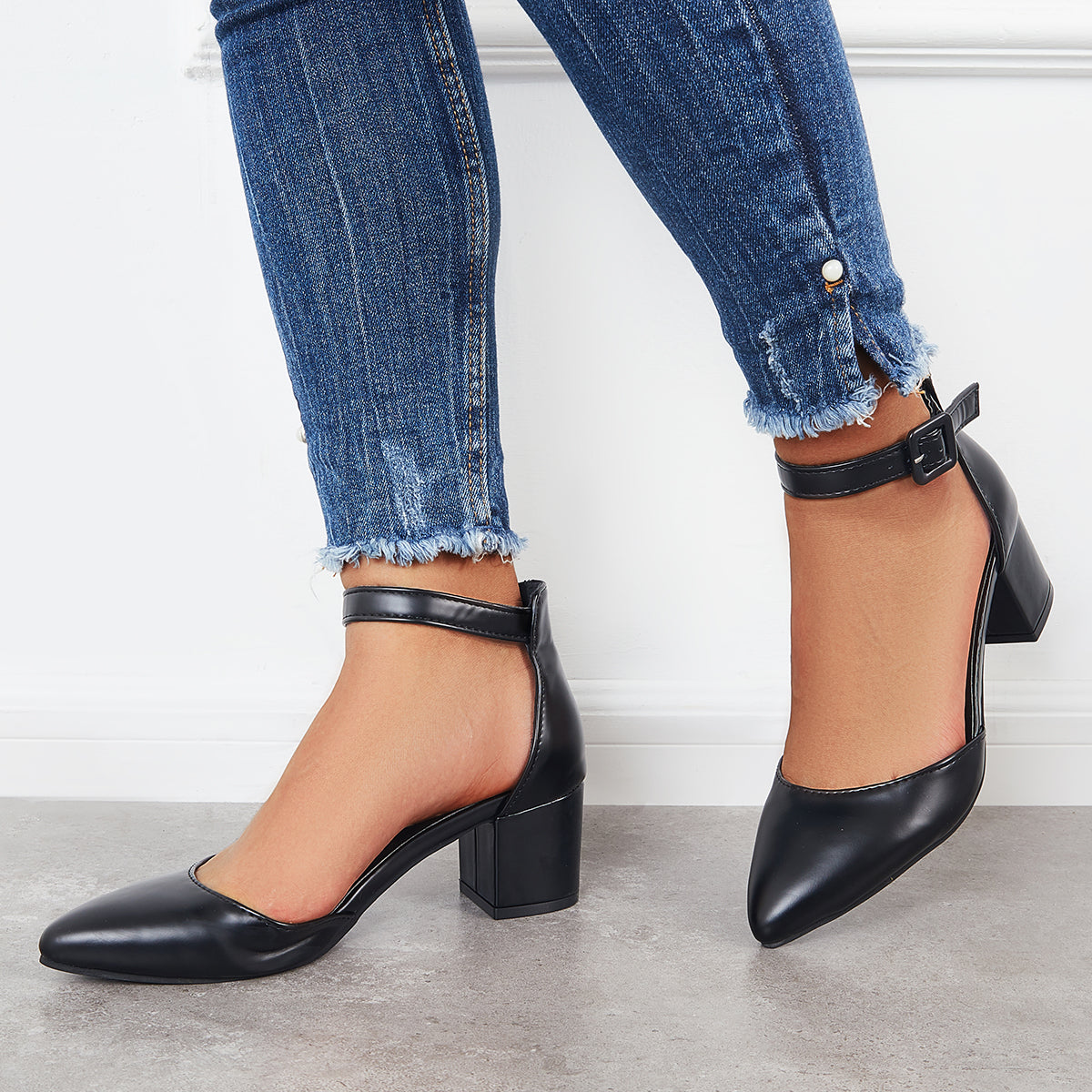Block Low Heel Pumps Pointed Toe Ankle Buckle Strap Heels