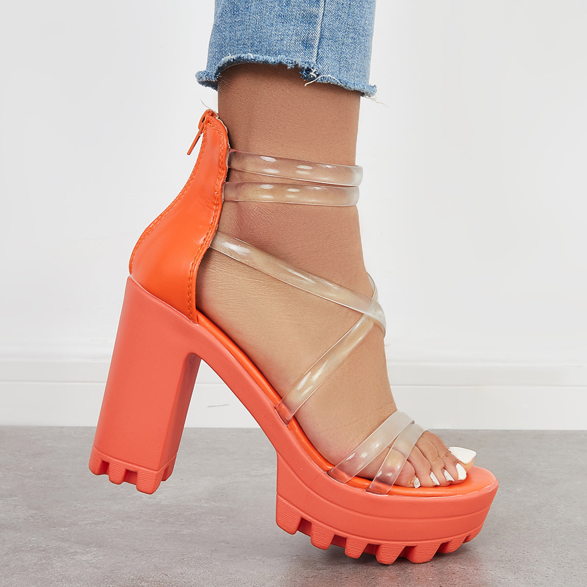 Block Lug Sole Chunky Heels Transparent Ankle Strap Sandals