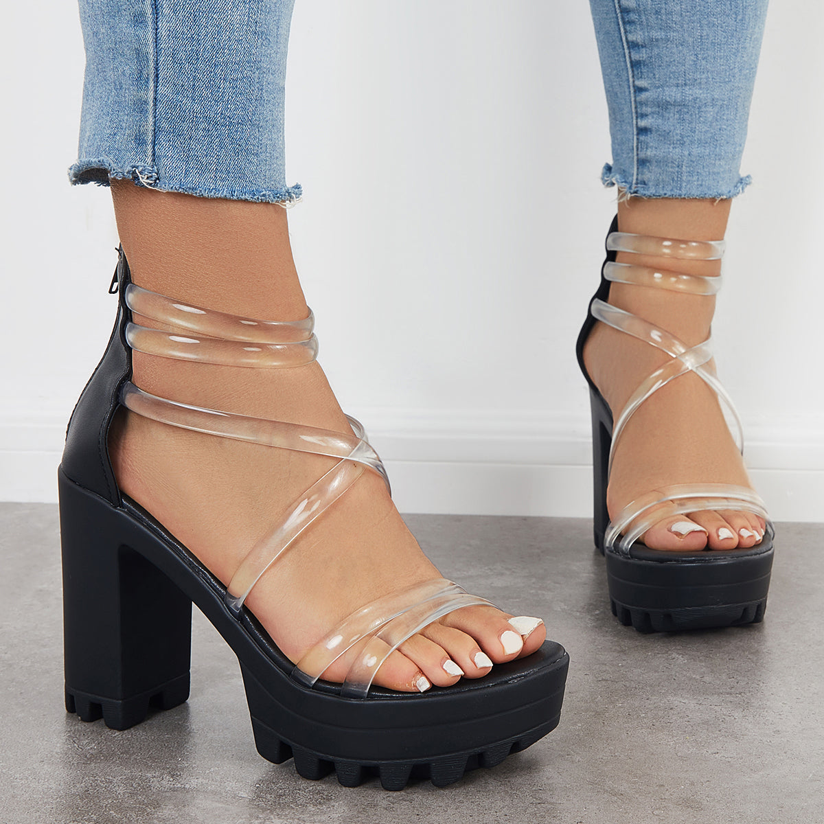 Block Lug Sole Chunky Heels Transparent Ankle Strap Sandals
