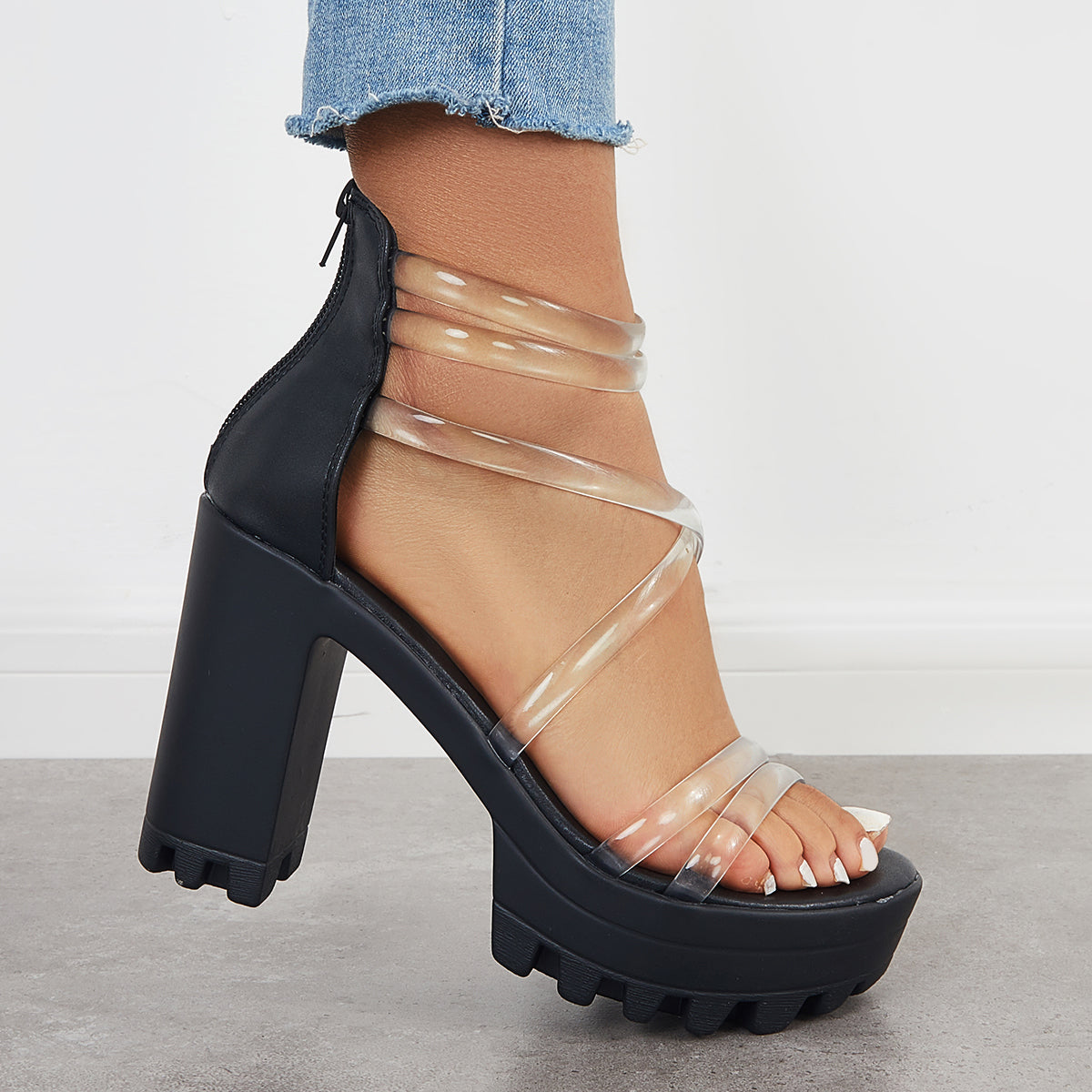 Block Lug Sole Chunky Heels Transparent Ankle Strap Sandals